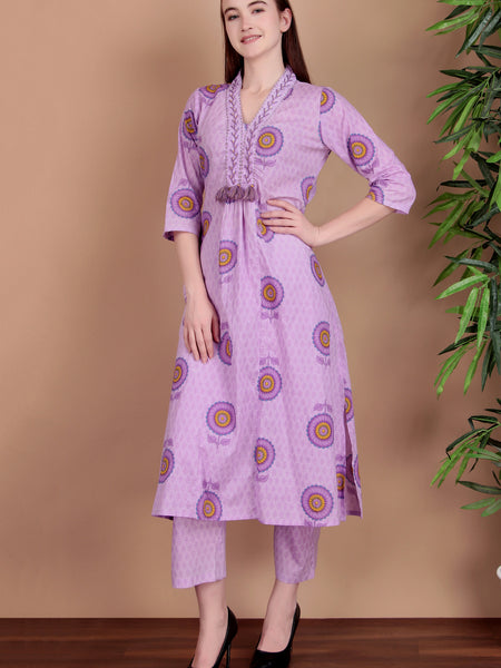 Miramaar Women's Purple Cotton A-line V-neck Hand Work Kurta Pant with Dupatta