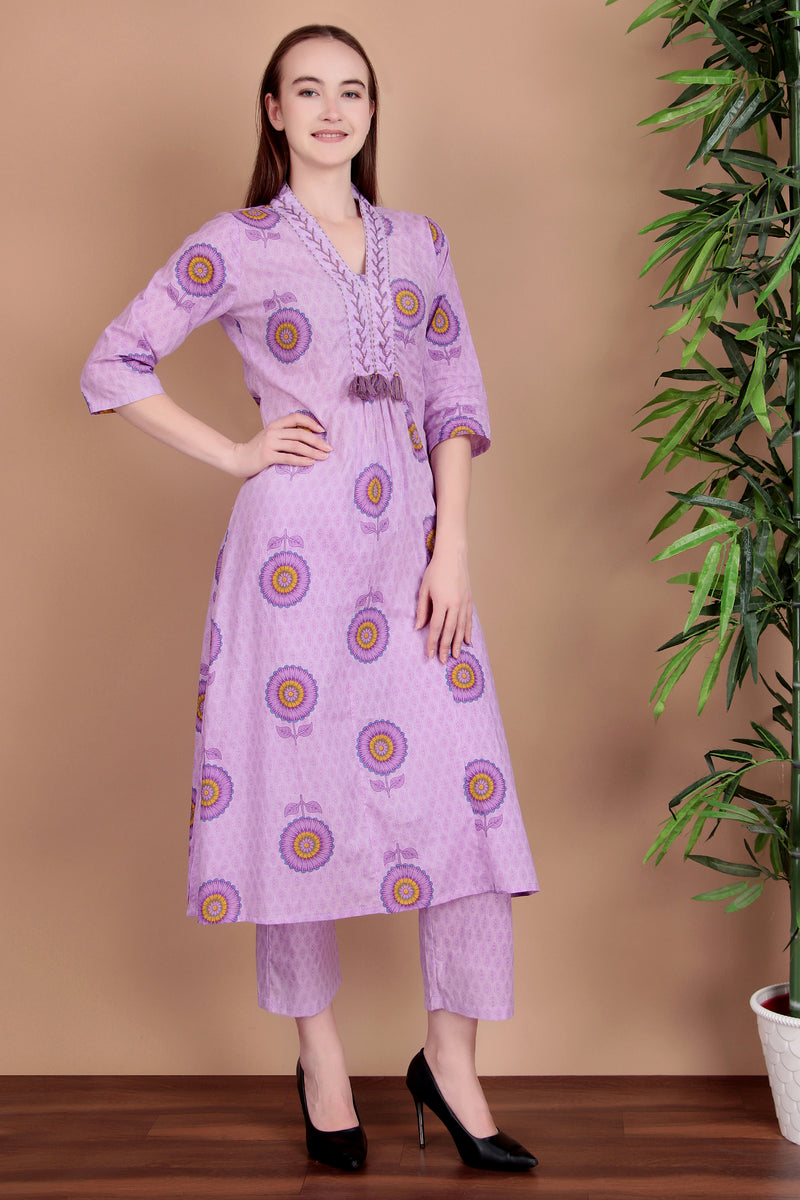Miramaar Women's Purple Cotton A-line V-neck Hand Work Kurta Pant with Dupatta