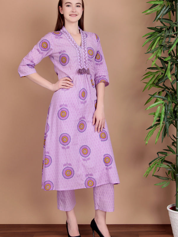 Miramaar Women's Purple Cotton A-line V-neck Hand Work Kurta Pant with Dupatta