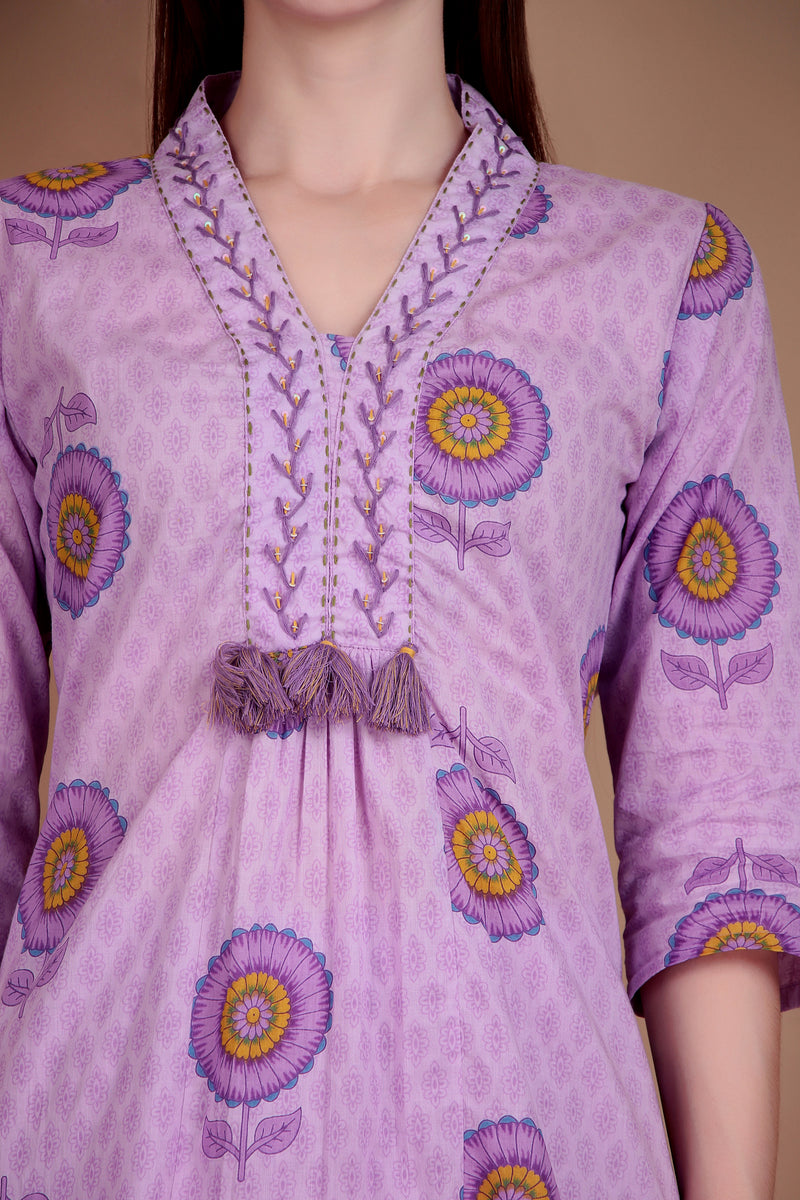 Miramaar Women's Purple Cotton A-line V-neck Hand Work Kurta Pant with Dupatta