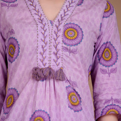 Miramaar Women's Purple Cotton A-line V-neck Hand Work Kurta Pant with Dupatta