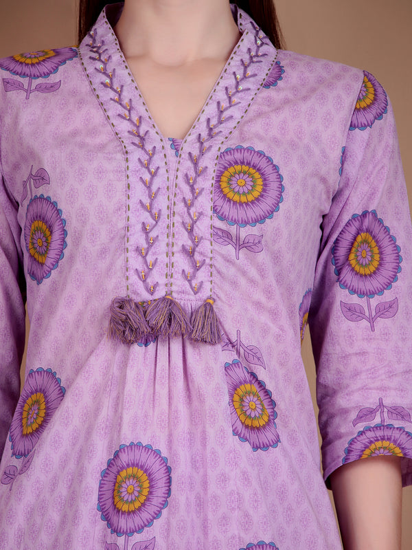 Miramaar Women's Purple Cotton A-line V-neck Hand Work Kurta Pant with Dupatta
