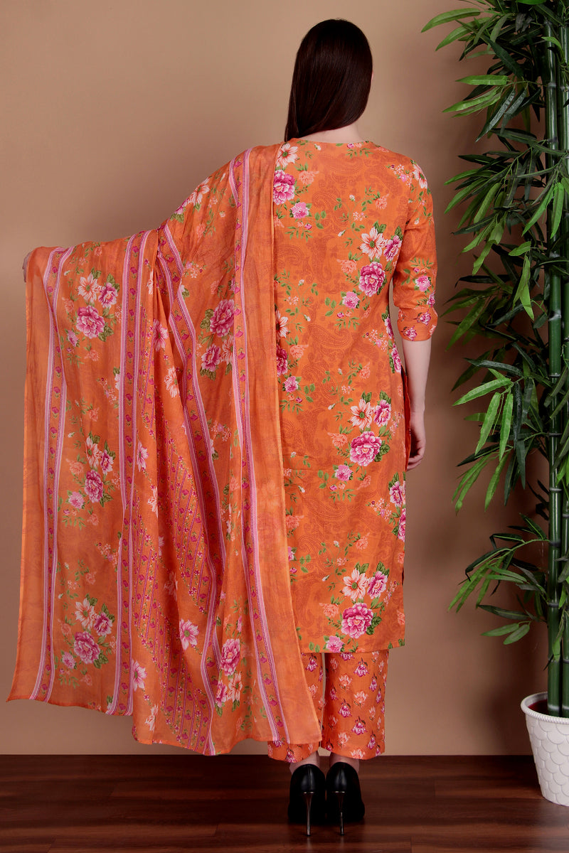 Miramaar Women's Orange Straight Printed Hand Work Kurta Pant with Dupatta
