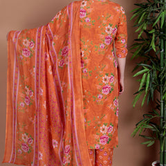 Miramaar Women's Orange Straight Printed Hand Work Kurta Pant with Dupatta