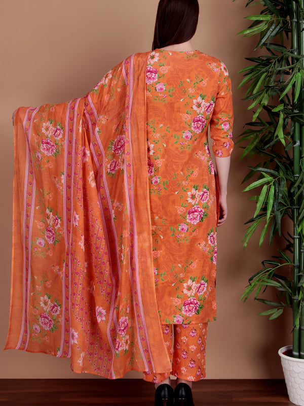 Miramaar Women's Orange Straight Printed Hand Work Kurta Pant with Dupatta