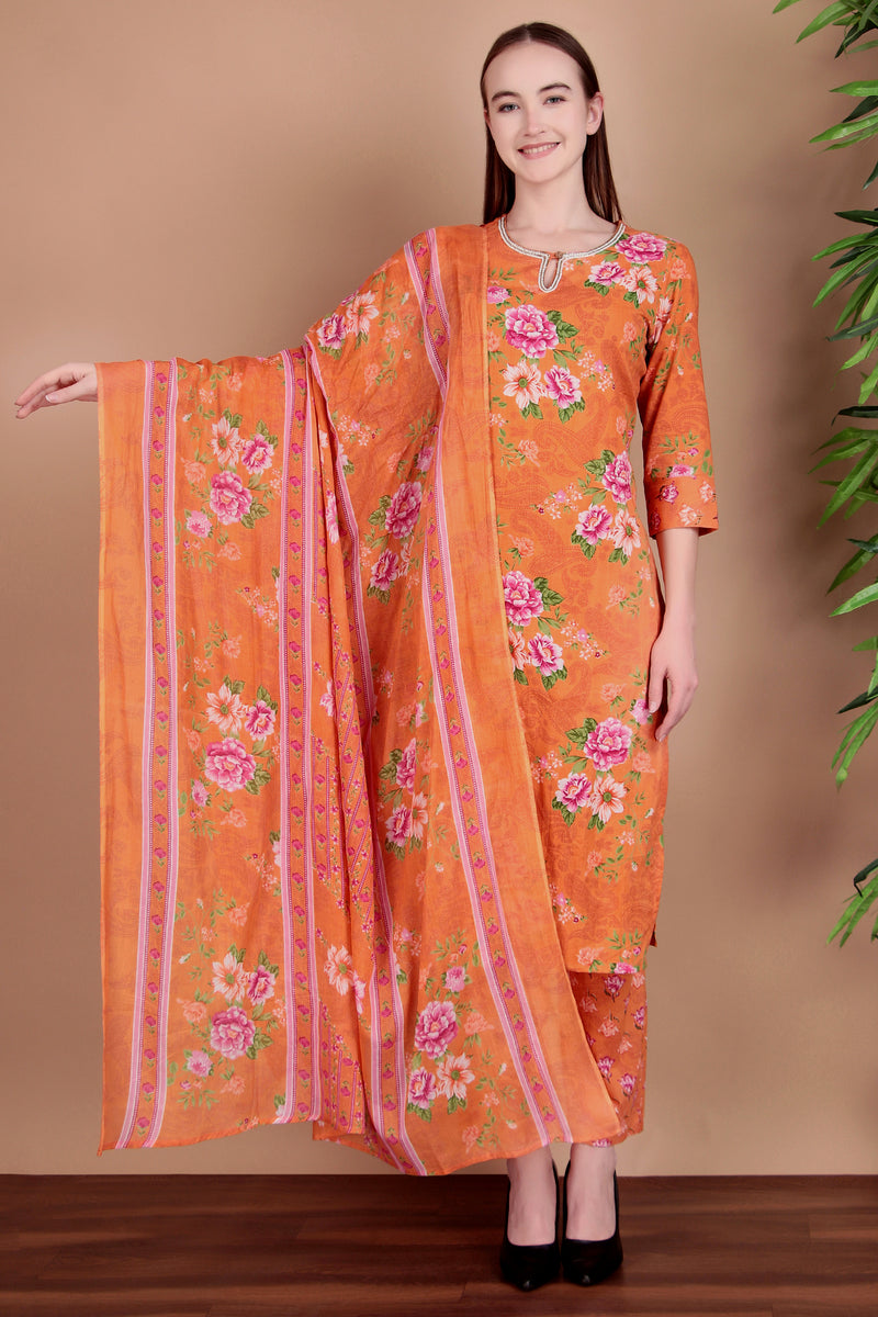 Miramaar Women's Orange Straight Printed Hand Work Kurta Pant with Dupatta