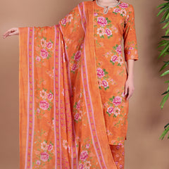 Miramaar Women's Orange Straight Printed Hand Work Kurta Pant with Dupatta