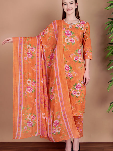 Miramaar Women's Orange Straight Printed Hand Work Kurta Pant with Dupatta