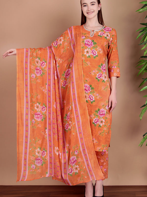 Miramaar Women's Orange Straight Printed Hand Work Kurta Pant with Dupatta
