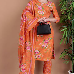 Miramaar Women's Orange Straight Printed Hand Work Kurta Pant with Dupatta