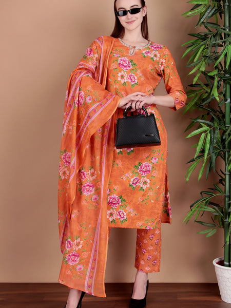 Miramaar Women's Orange Straight Printed Hand Work Kurta Pant with Dupatta