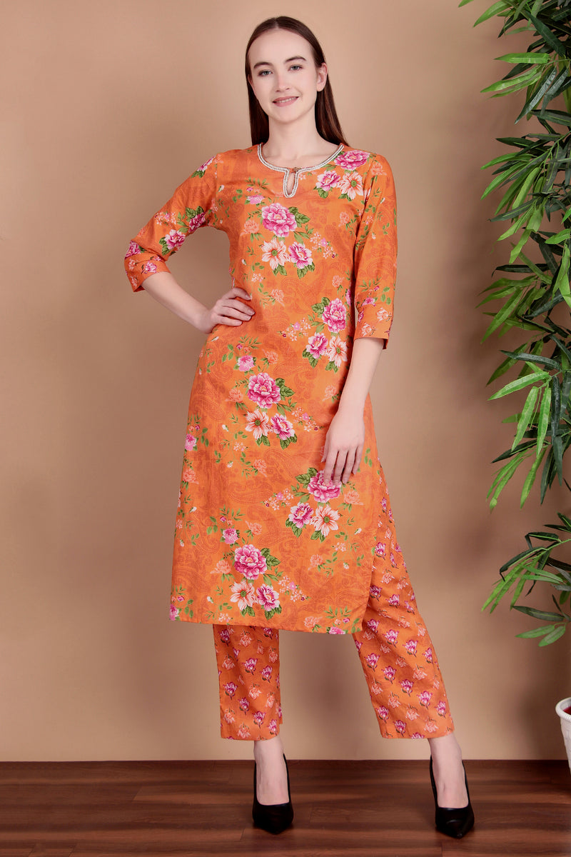 Miramaar Women's Orange Straight Printed Hand Work Kurta Pant with Dupatta