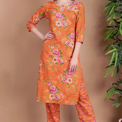 Miramaar Women's Orange Straight Printed Hand Work Kurta Pant with Dupatta