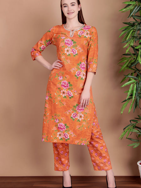 Miramaar Women's Orange Straight Printed Hand Work Kurta Pant with Dupatta