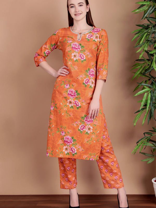 Miramaar Women's Orange Straight Printed Hand Work Kurta Pant with Dupatta