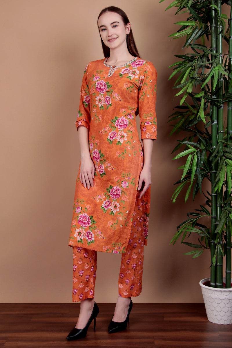 Miramaar Women's Orange Straight Printed Hand Work Kurta Pant with Dupatta