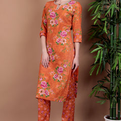 Miramaar Women's Orange Straight Printed Hand Work Kurta Pant with Dupatta