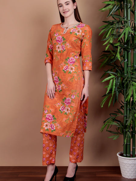 Miramaar Women's Orange Straight Printed Hand Work Kurta Pant with Dupatta