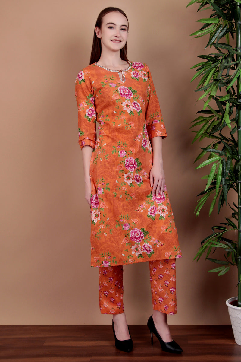 Miramaar Women's Orange Straight Printed Hand Work Kurta Pant with Dupatta