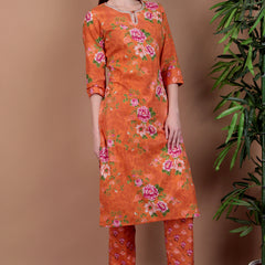 Miramaar Women's Orange Straight Printed Hand Work Kurta Pant with Dupatta