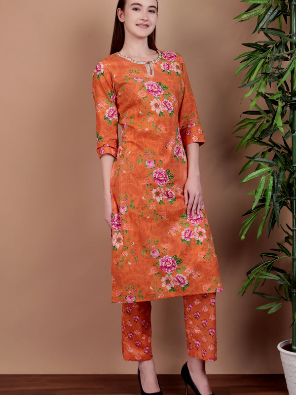 Miramaar Women's Orange Straight Printed Hand Work Kurta Pant with Dupatta
