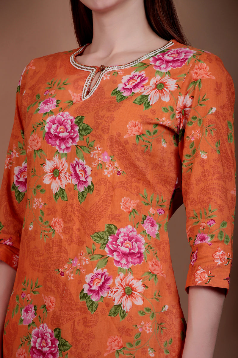 Miramaar Women's Orange Straight Printed Hand Work Kurta Pant with Dupatta