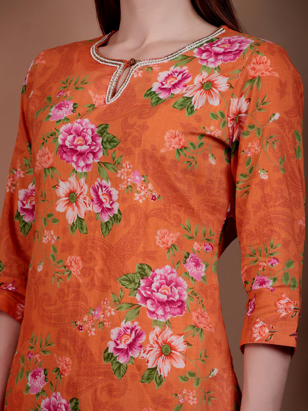 Miramaar Women's Orange Straight Printed Hand Work Kurta Pant with Dupatta