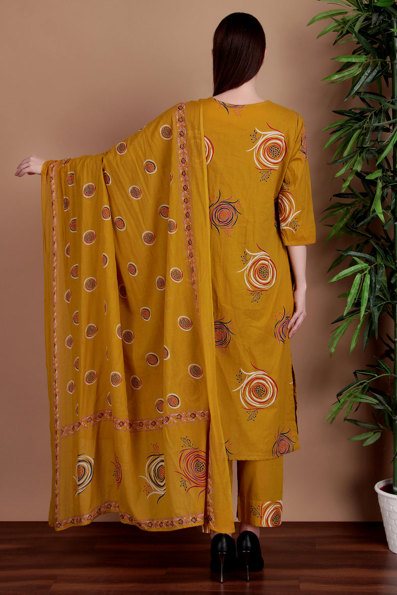 Miramaar Women's Lime Green Cotton Straight Hand Work Kurta Pant with Dupatta