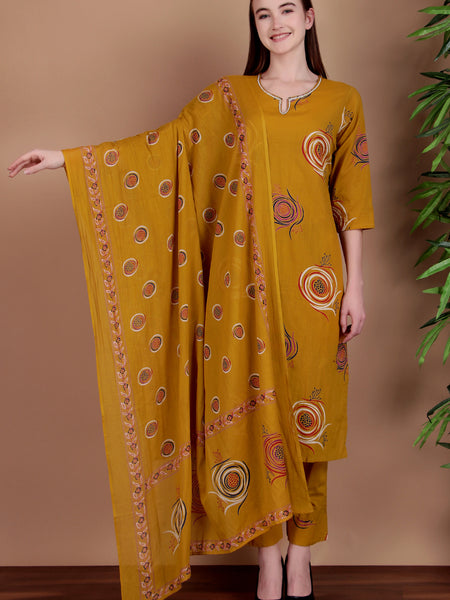 Miramaar Women's Lime Green Cotton Straight Hand Work Kurta Pant with Dupatta