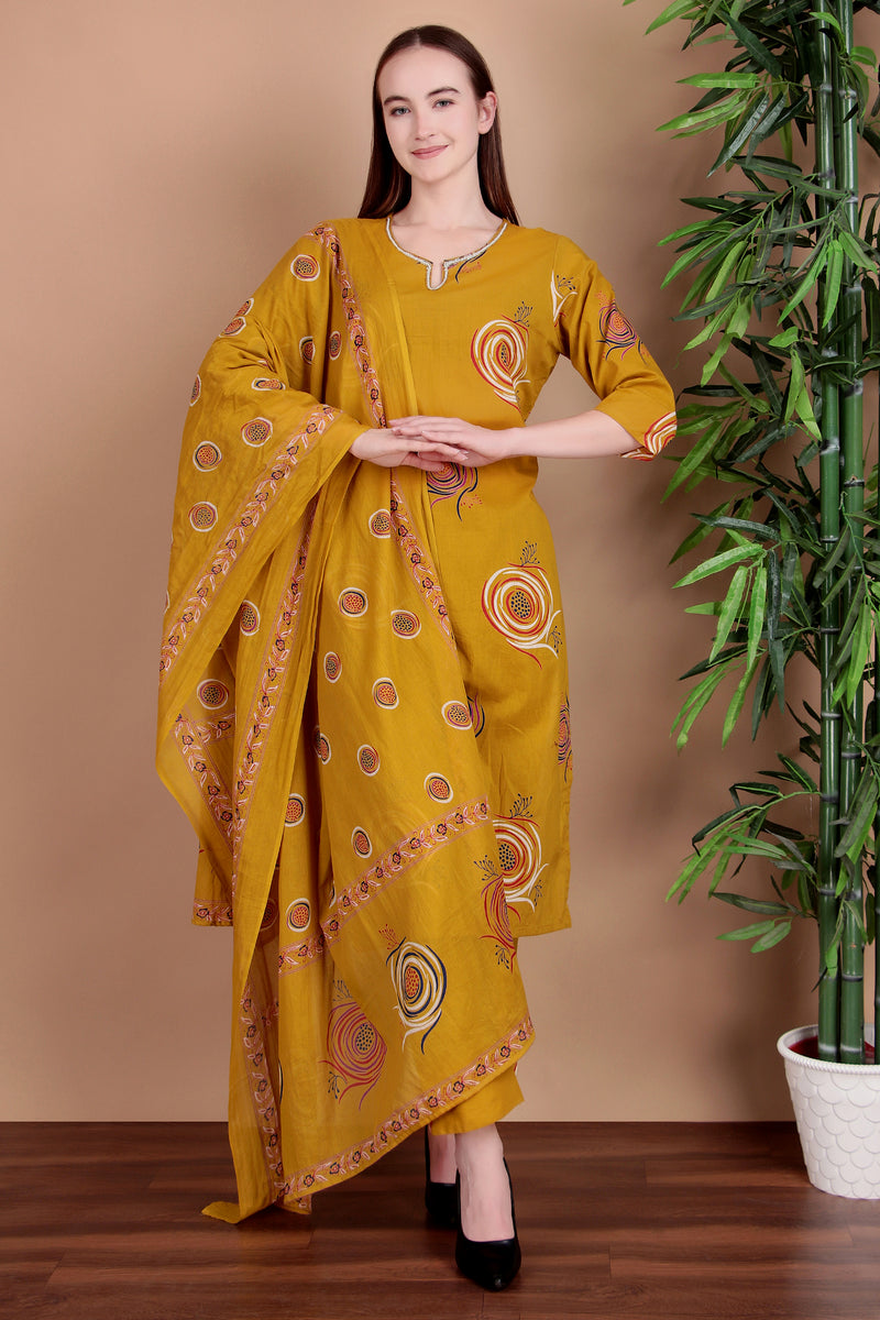 Miramaar Women's Lime Green Cotton Straight Hand Work Kurta Pant with Dupatta