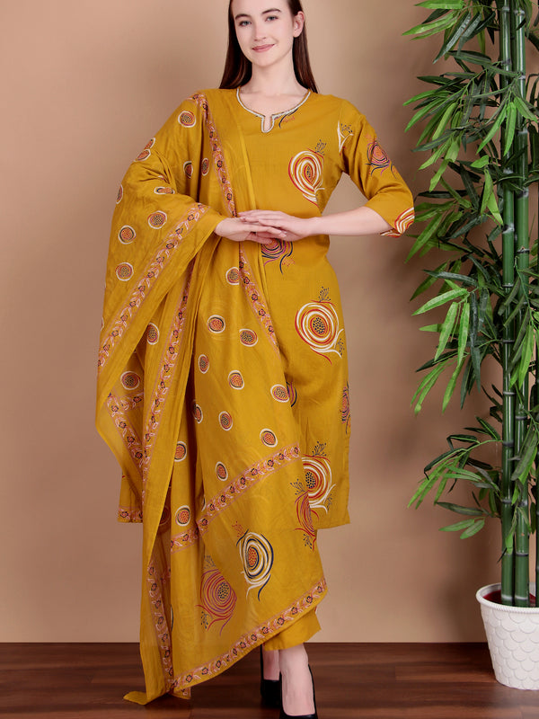 Miramaar Women's Lime Green Cotton Straight Hand Work Kurta Pant with Dupatta