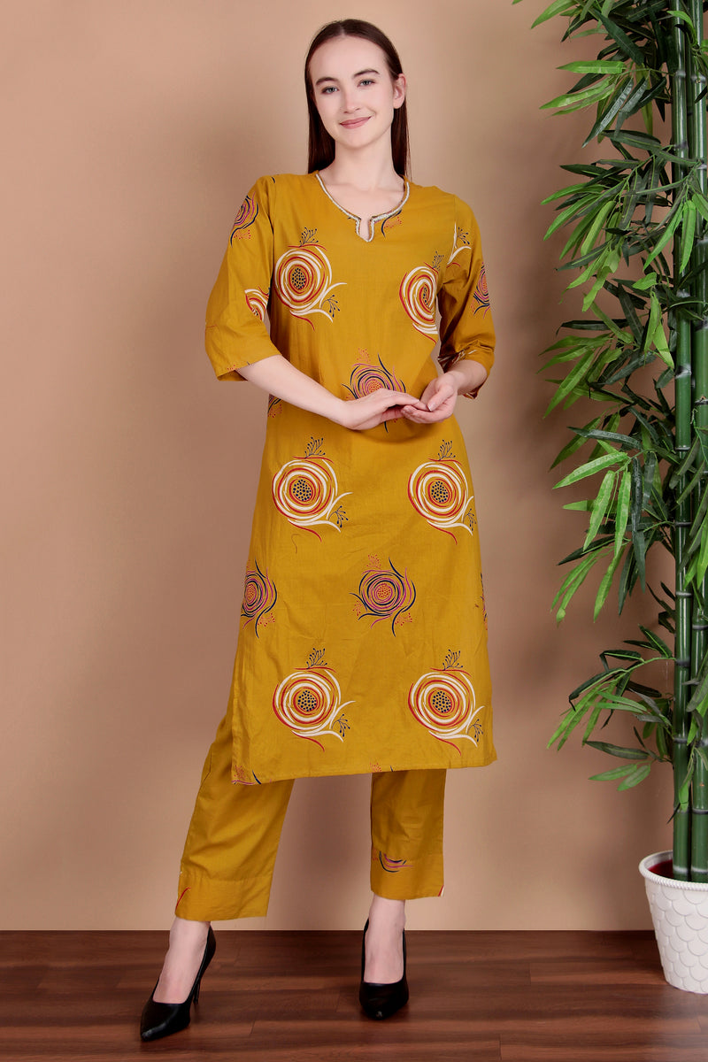 Miramaar Women's Lime Green Cotton Straight Hand Work Kurta Pant with Dupatta