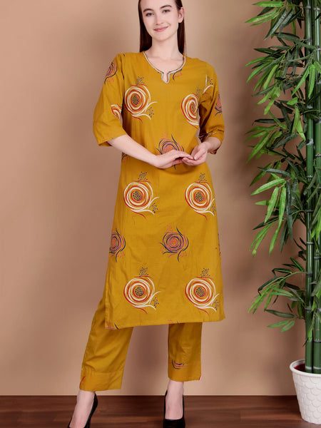 Miramaar Women's Lime Green Cotton Straight Hand Work Kurta Pant with Dupatta