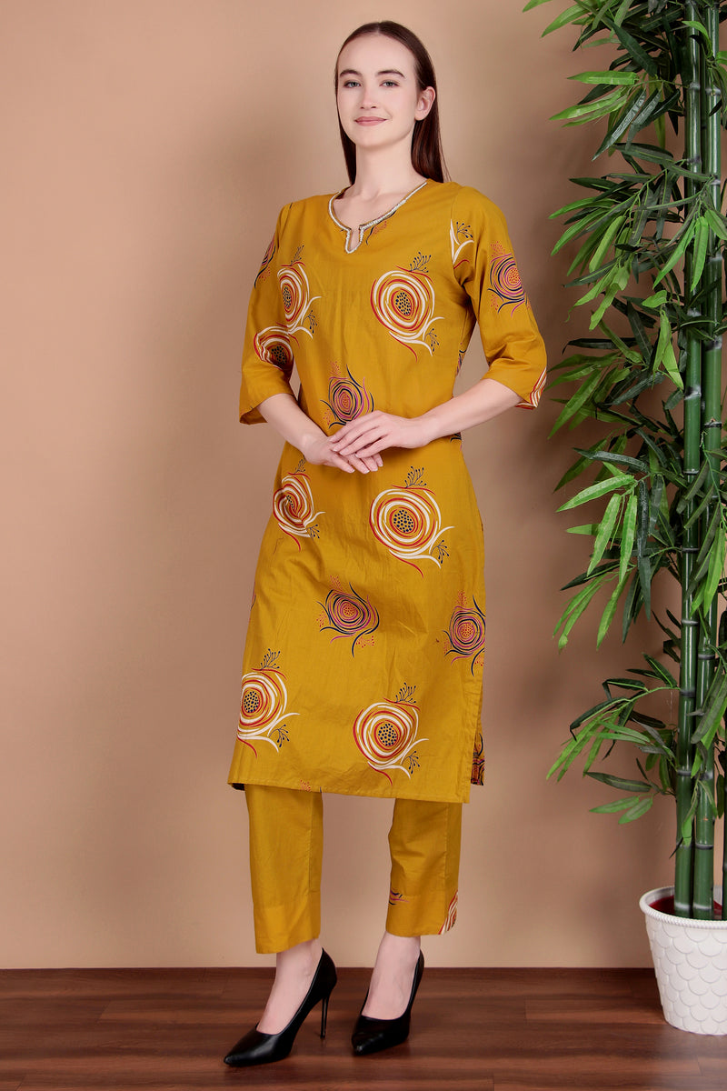 Miramaar Women's Lime Green Cotton Straight Hand Work Kurta Pant with Dupatta