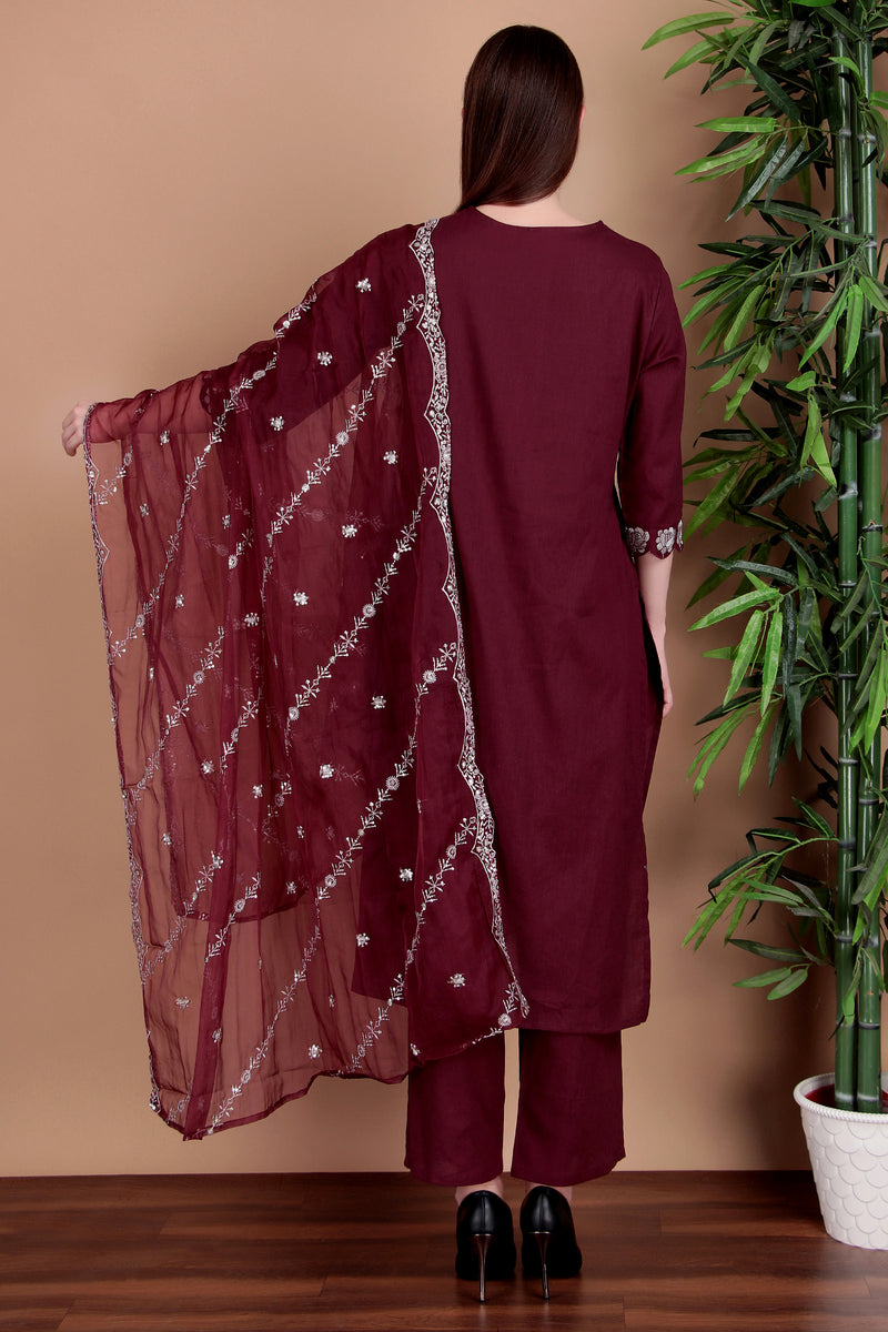 Miramaar Women's Wine Cotton Straight V-neck Embroidered Kurta Pant with Dupatta