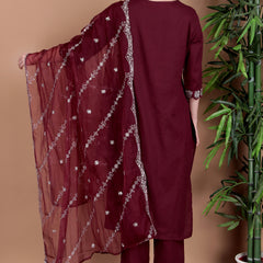 Miramaar Women's Wine Cotton Straight V-neck Embroidered Kurta Pant with Dupatta