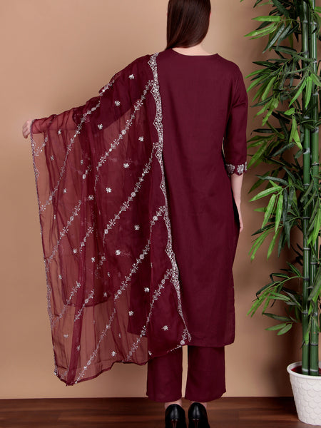 Miramaar Women's Wine Cotton Straight V-neck Embroidered Kurta Pant with Dupatta