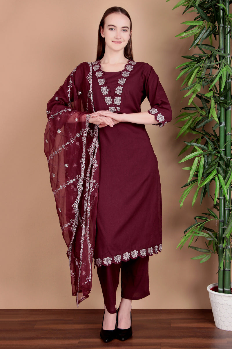 Miramaar Women's Wine Cotton Straight V-neck Embroidered Kurta Pant with Dupatta