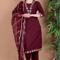 Miramaar Women's Wine Cotton Straight V-neck Embroidered Kurta Pant with Dupatta