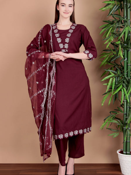 Miramaar Women's Wine Cotton Straight V-neck Embroidered Kurta Pant with Dupatta