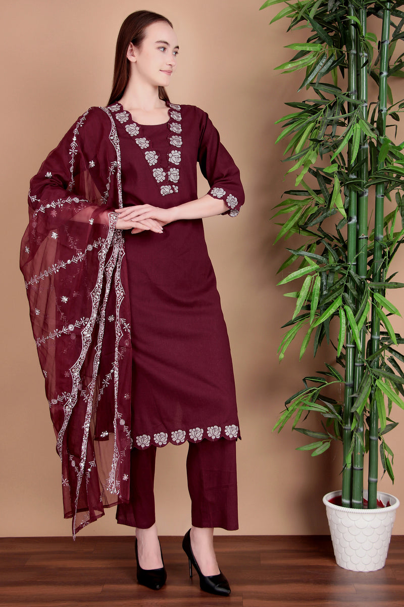 Miramaar Women's Wine Cotton Straight V-neck Embroidered Kurta Pant with Dupatta