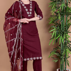 Miramaar Women's Wine Cotton Straight V-neck Embroidered Kurta Pant with Dupatta