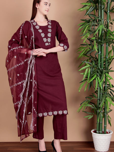 Miramaar Women's Wine Cotton Straight V-neck Embroidered Kurta Pant with Dupatta