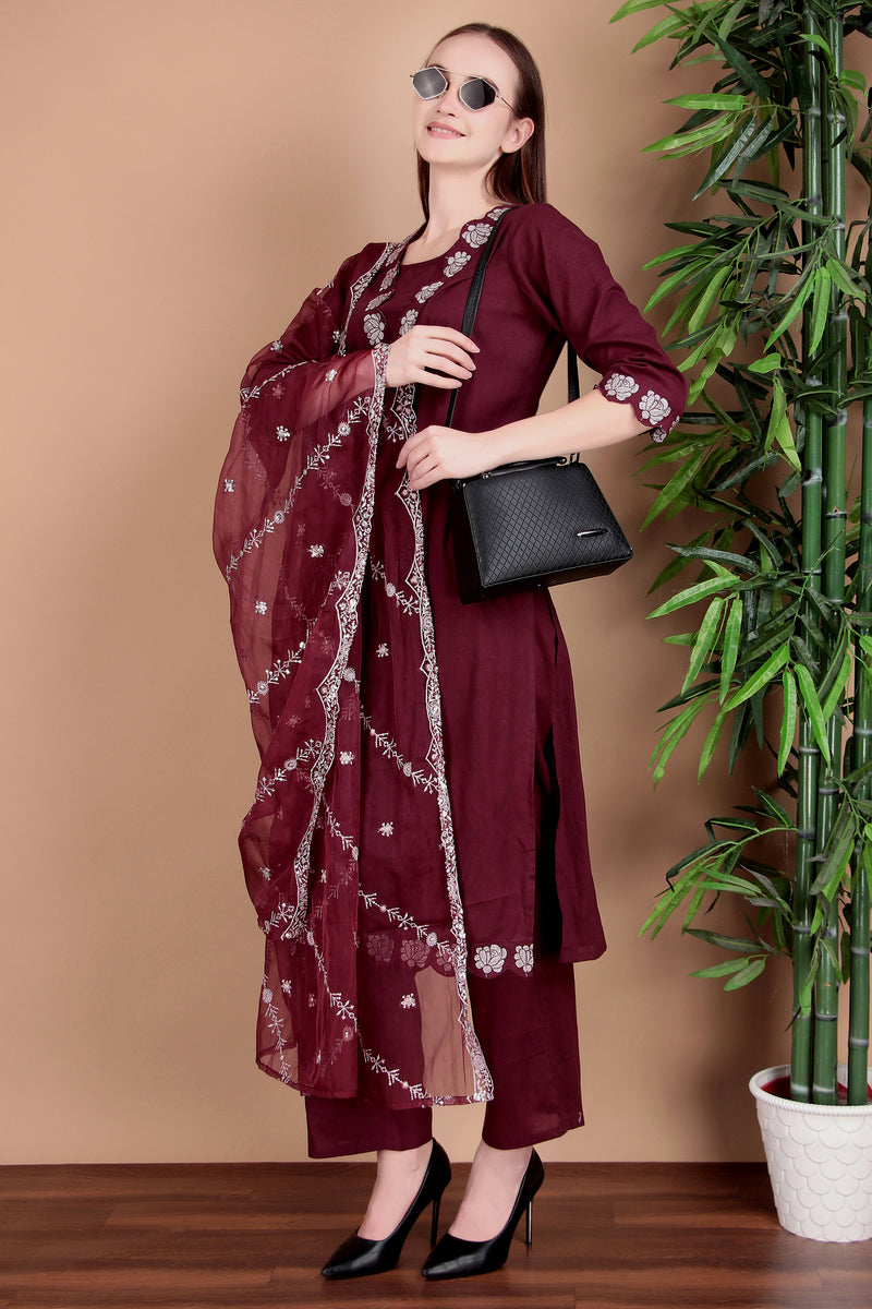 Miramaar Women's Wine Cotton Straight V-neck Embroidered Kurta Pant with Dupatta