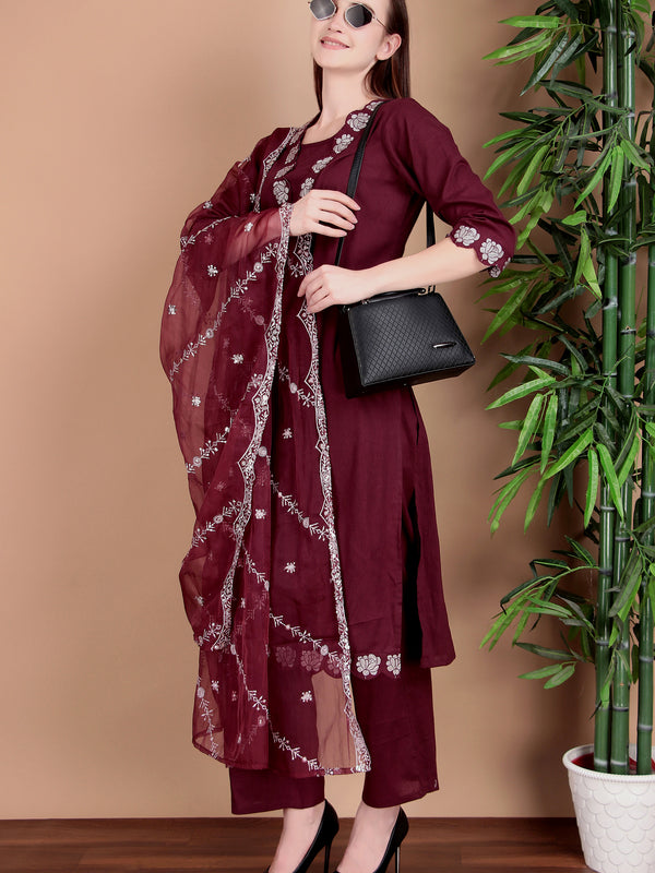 Miramaar Women's Wine Cotton Straight V-neck Embroidered Kurta Pant with Dupatta