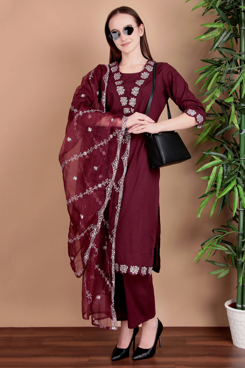Miramaar Women's Wine Cotton Straight V-neck Embroidered Kurta Pant with Dupatta