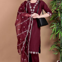 Miramaar Women's Wine Cotton Straight V-neck Embroidered Kurta Pant with Dupatta