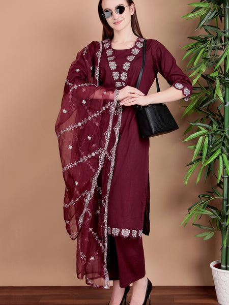 Miramaar Women's Wine Cotton Straight V-neck Embroidered Kurta Pant with Dupatta