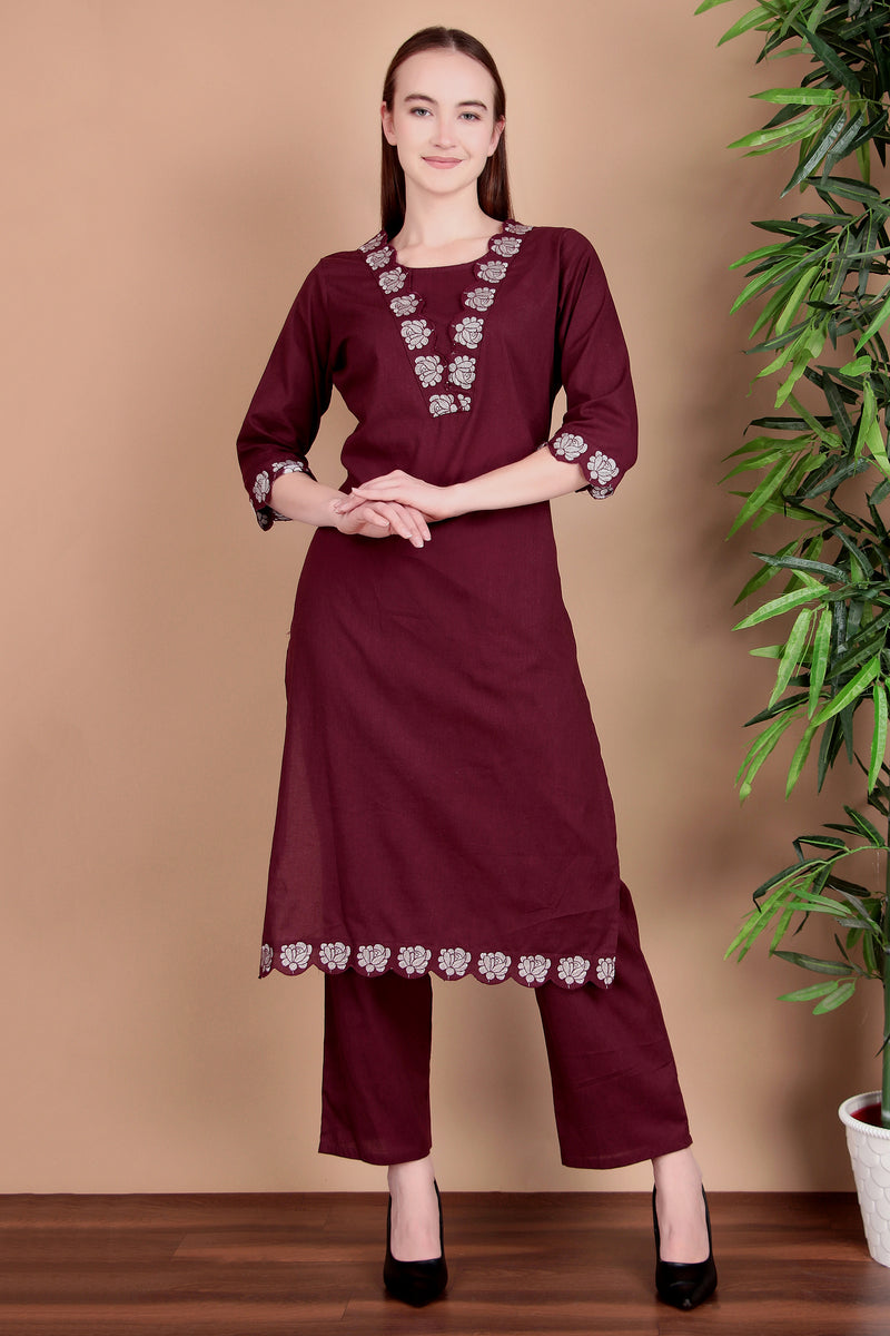 Miramaar Women's Wine Cotton Straight V-neck Embroidered Kurta Pant with Dupatta