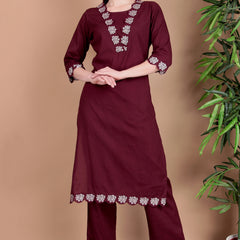Miramaar Women's Wine Cotton Straight V-neck Embroidered Kurta Pant with Dupatta